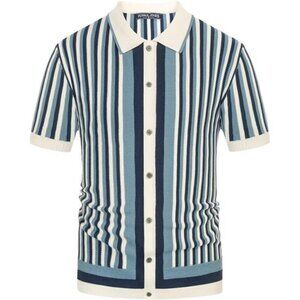 Retro Striped Polo Shirt Men Knit Vintage Short Sleeve
